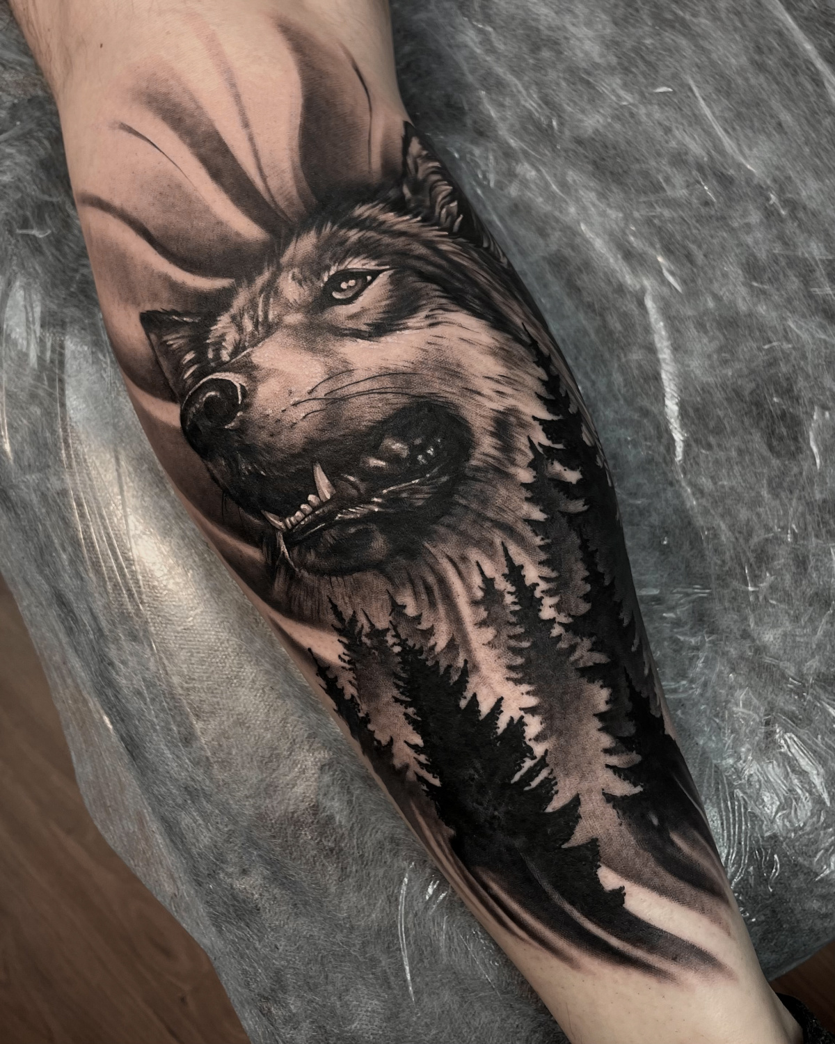 Realism Wolf, Forest tattoo on Forearm